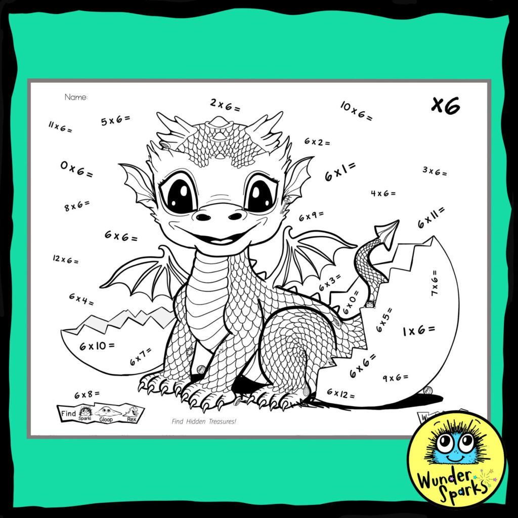 Baby Dragon 6x Multiplication Facts Worksheet. 6x tables worksheet. 6 times tables. Built in coloring and I Spy