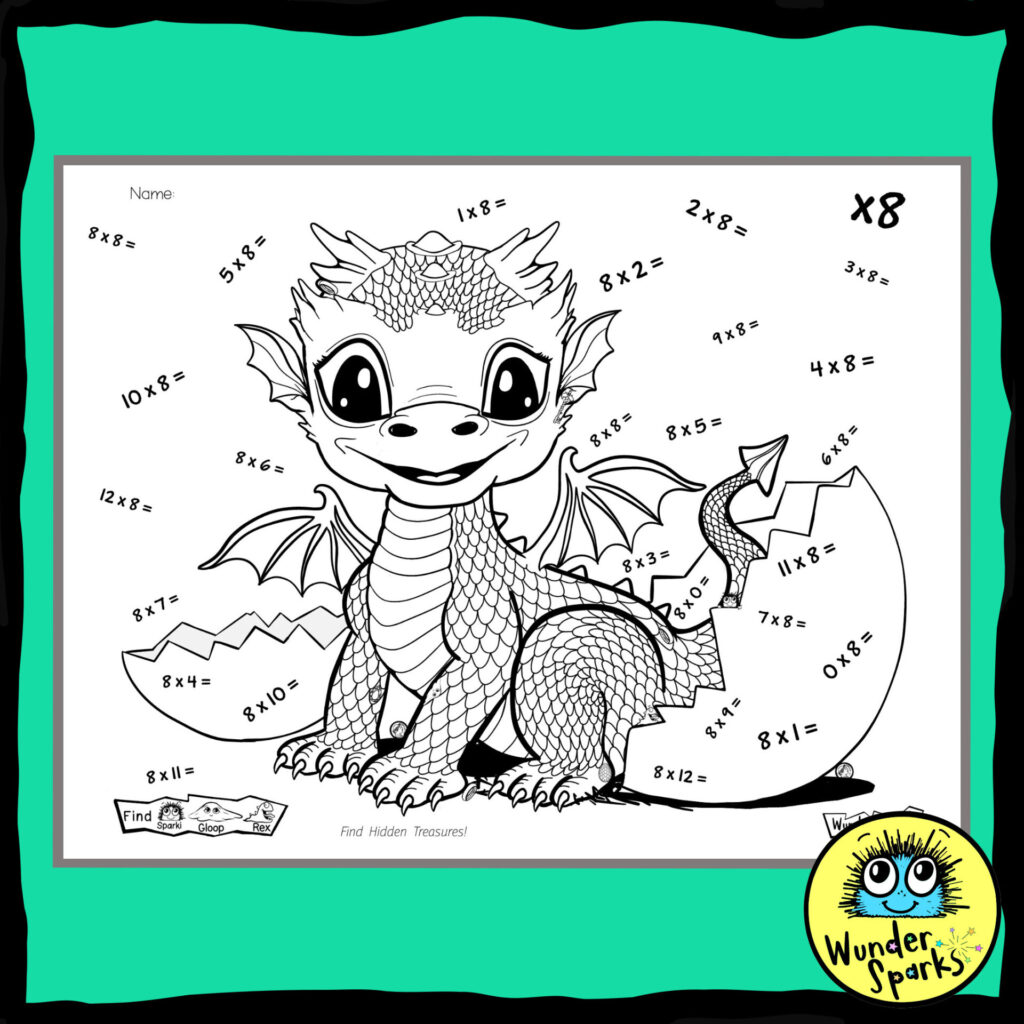 Baby Dragon 8x Multiplication Facts worksheet. 8x tables worksheet. 8 times tables. Coloring and I Spy.