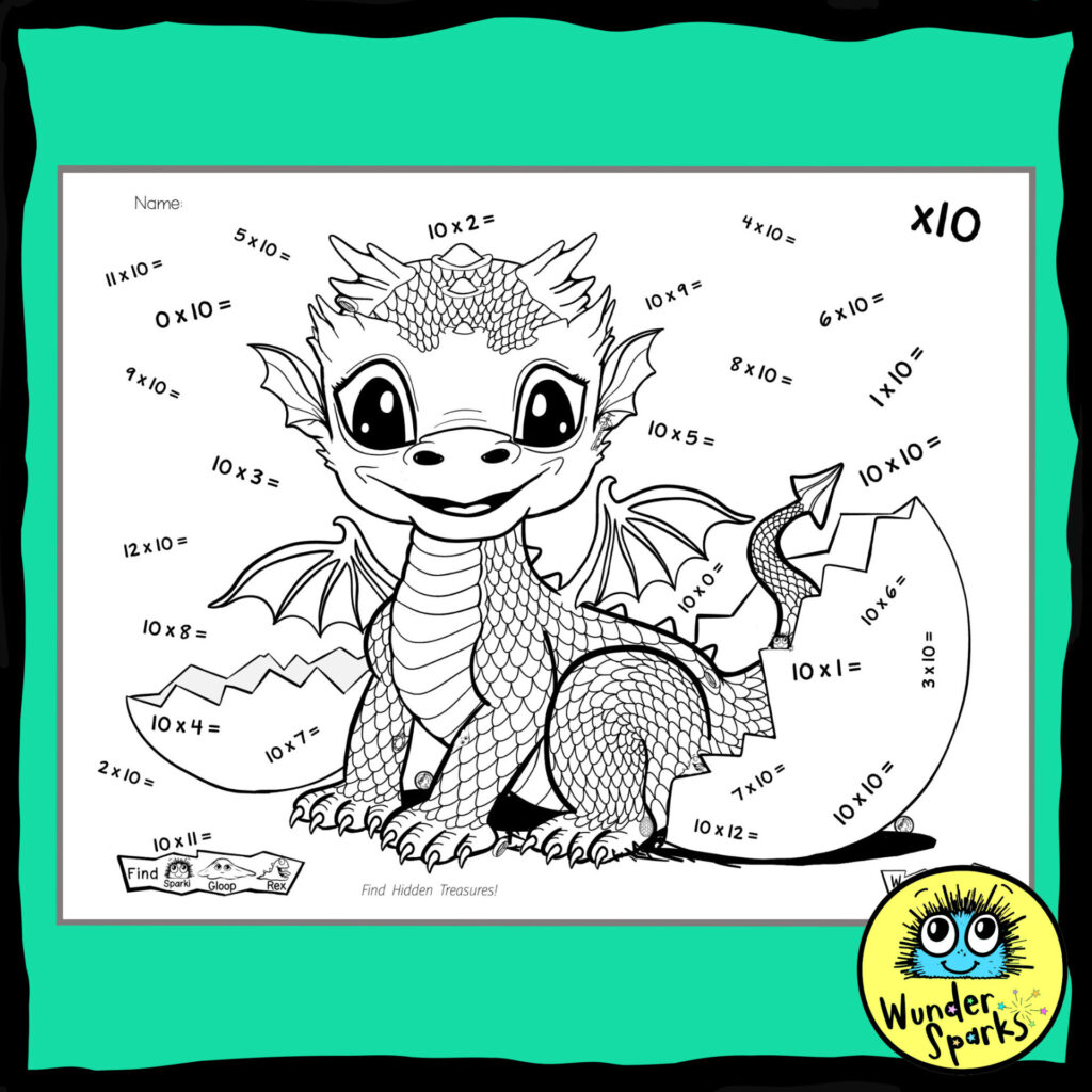 Baby Dragon 10x Multiplication Facts Worksheet. 10x tables worksheet. 10 times tables. Coloring and I Spy.