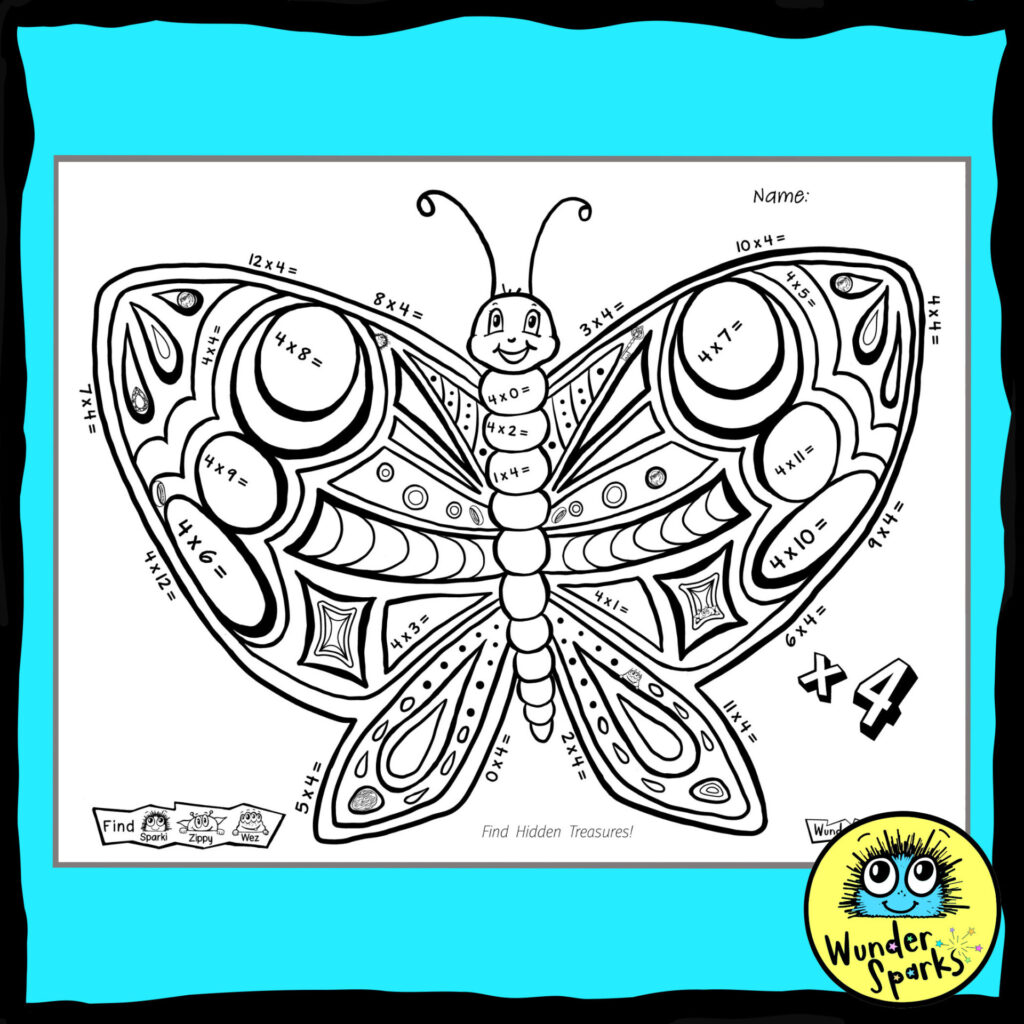 Butterfly Multiplication Facts worksheet 4x tables. 4 times tables worksheet. Built in coloring and I Spy.