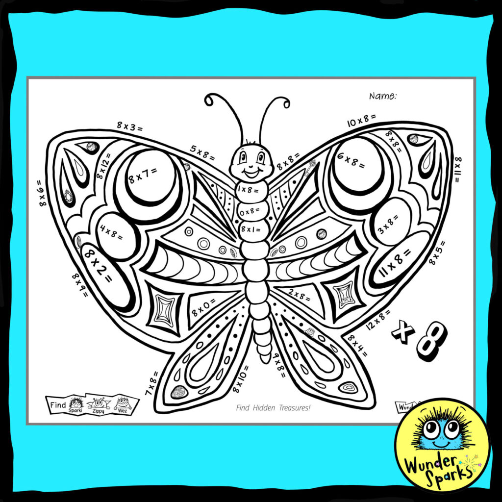 Butterfly x8 Multiplication Facts worksheet. 8x tables worksheet. 8 times tables. Coloring and I Spy.