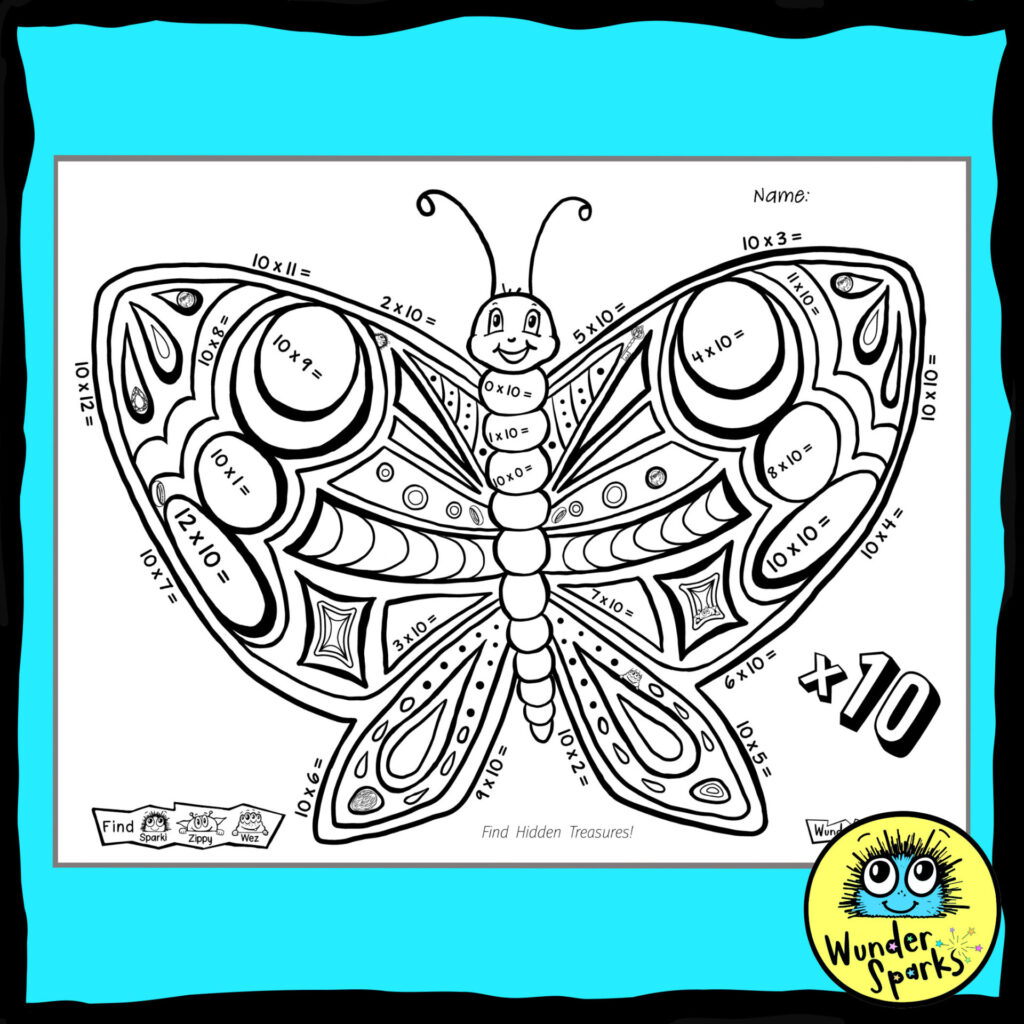 Butterfly 10x Multiplication Facts Worksheet. 10x tables worksheet. 10 times tables. Coloring and I Spy.