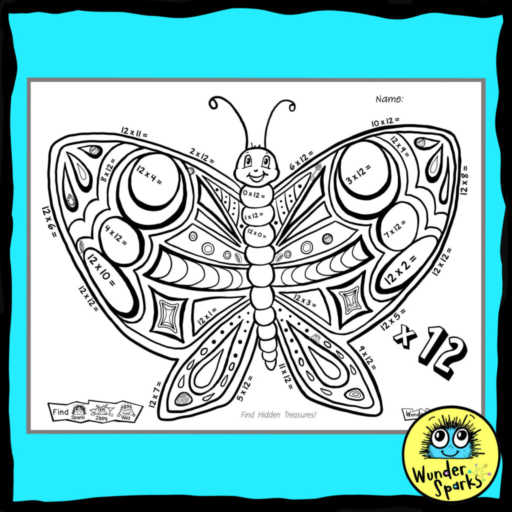 Butterfly 12x Multiplication Facts Worksheet. 12x tables worksheet. 12 times tables. Coloring and I Spy.