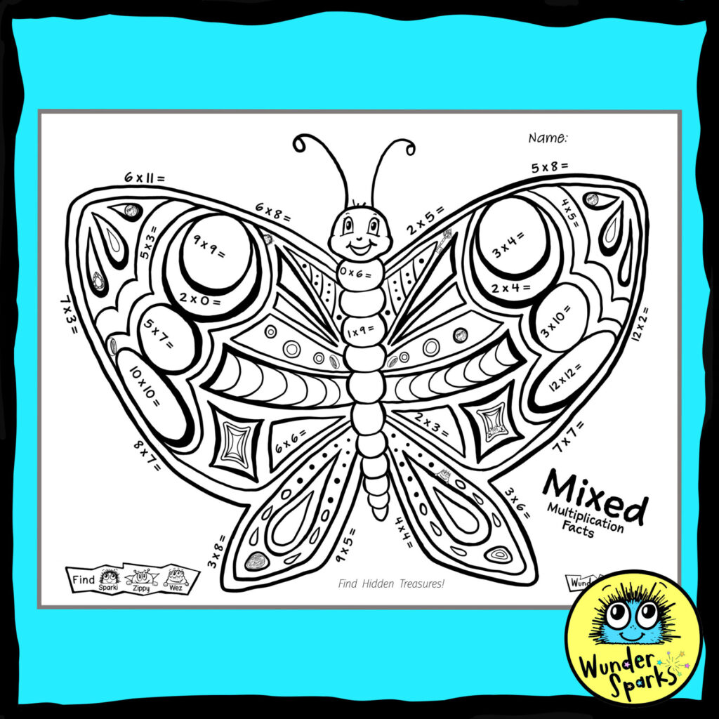 Butterfly Mixed Multiplication Facts worksheet. 2x to 12x tables. Mixed times tables worksheet. Coloring and I Spy.