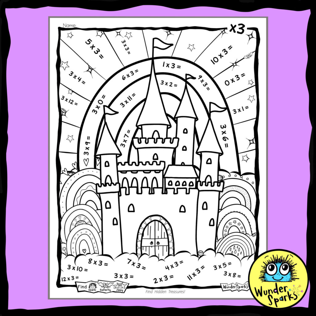 Castle 3x Multiplication Facts worksheet. 3x tables worksheet. 3 times tables. Coloring and I Spy.