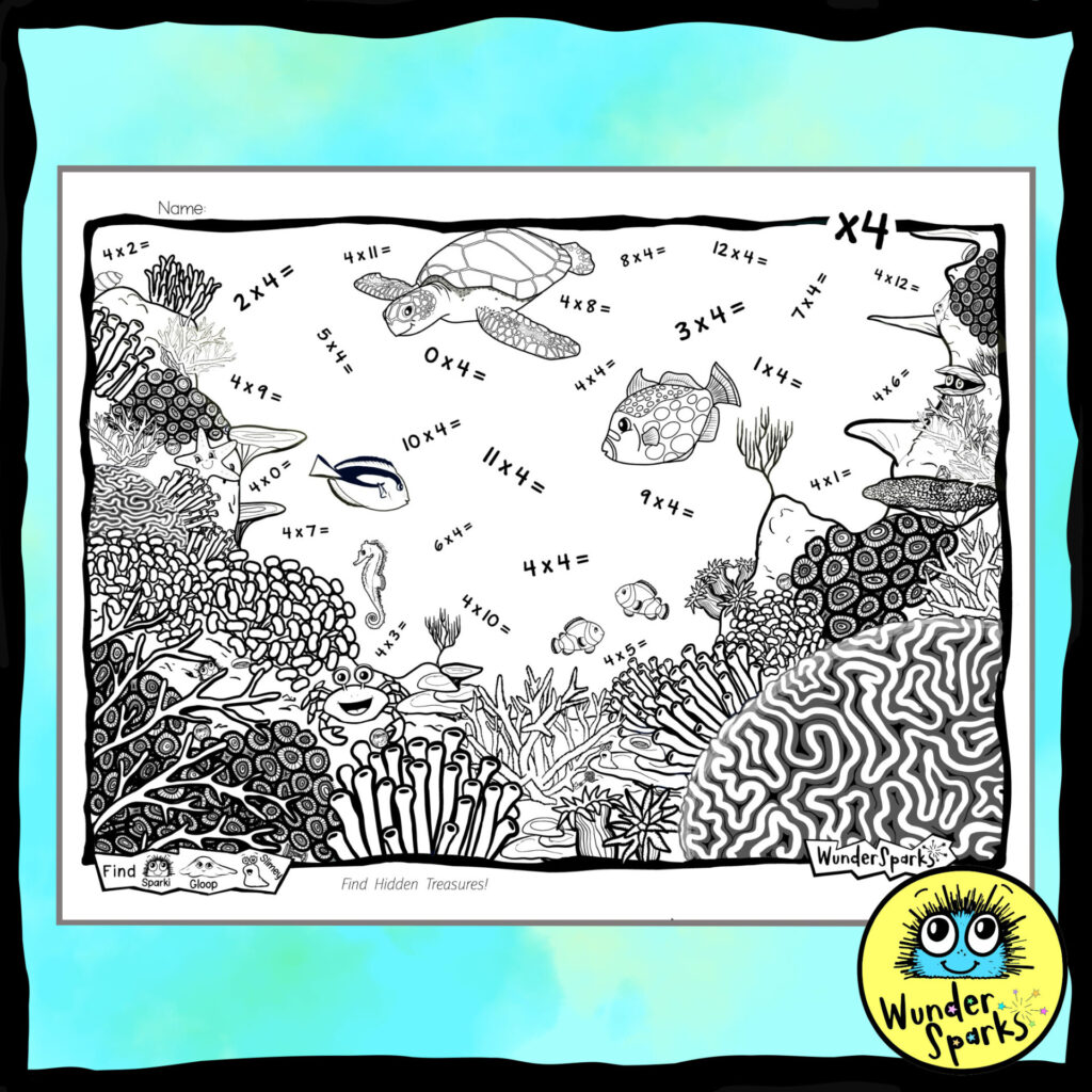 Coral Reef 4x Multiplication Facts Worksheet. 4x tables worksheet. Built in coloring and I Spy.