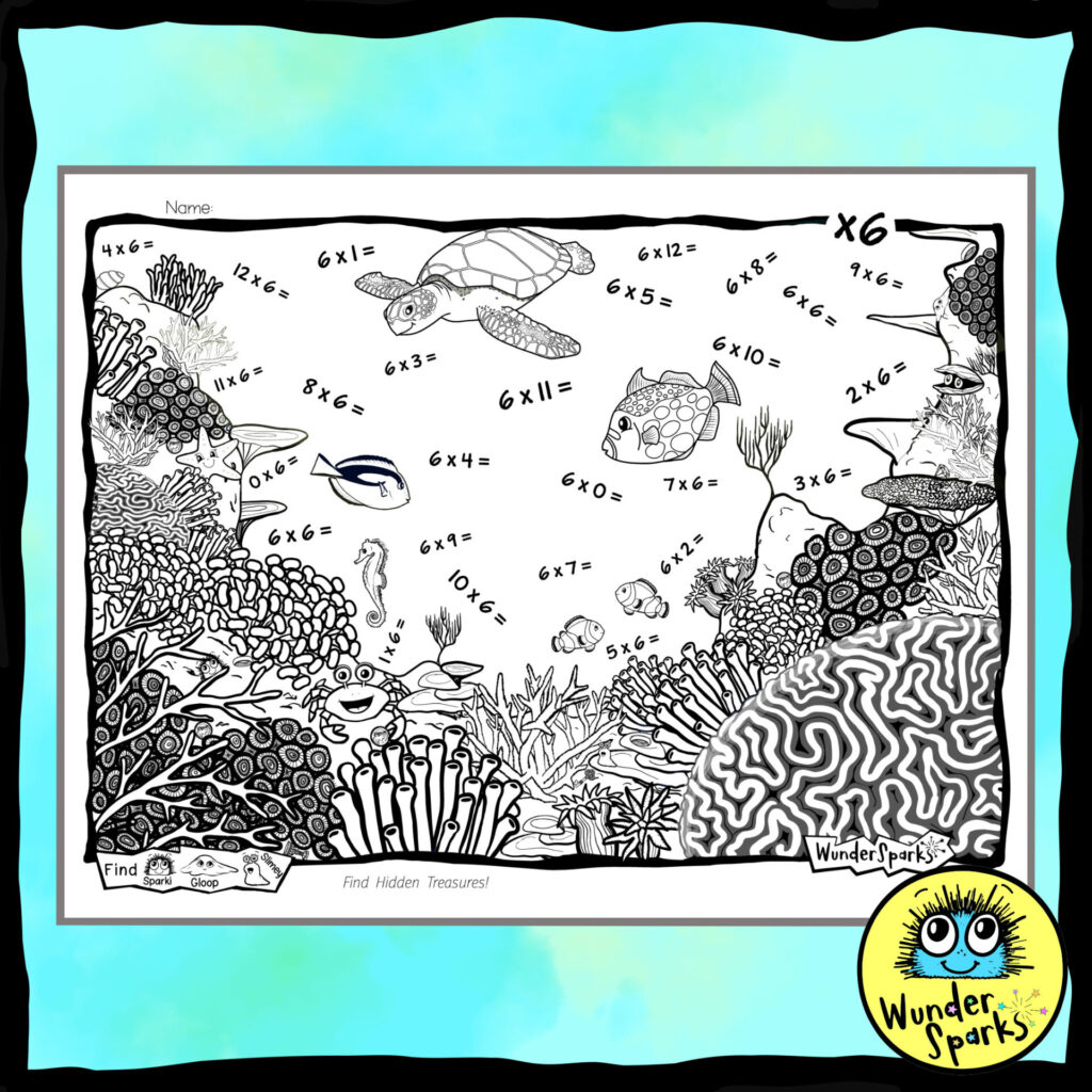 Coral Reef 6x Multiplication Facts Worksheet. 6x tables worksheet. 6 times tables. Coloring and I Spy.