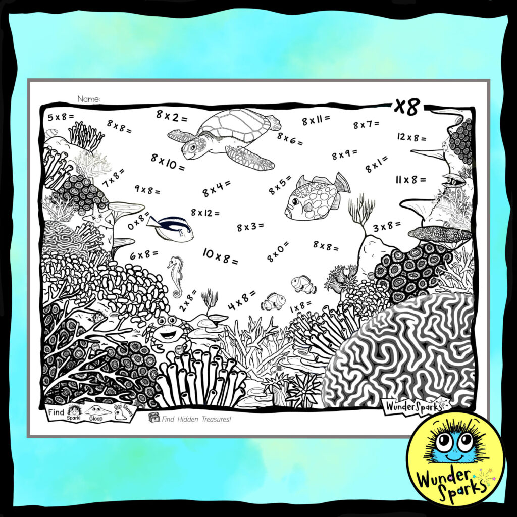 Coral Reef 8x Multiplication Facts Worksheet. 8x tables worksheet. 8 times tables. Coloring and I Spy.