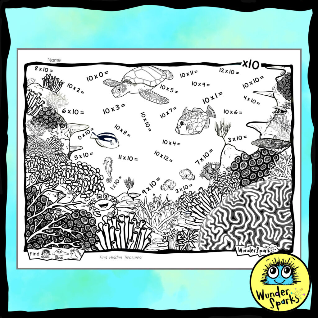 Coral Reef 10x Multiplication Facts Worksheet. 10x tables worksheet. 10 times tables. Coloring and I Spy.