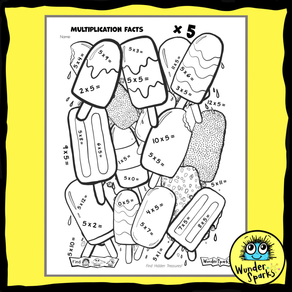 Popsicles 5x Multiplication Facts worksheet. 5x tables worksheet. 5 times tables. Coloring and I Spy.