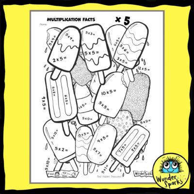 Popsicles 5x Multiplication Facts worksheet. 5x tables worksheet. 5 times tables. Coloring and I Spy.