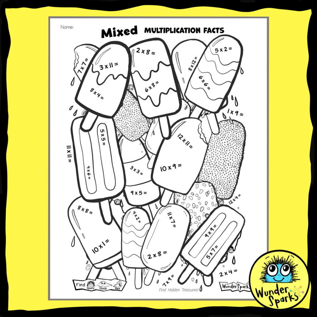 Popsicles Mixed Multiplication Facts worksheet. 2x to 12x tables. Mixed times tables worksheet. Coloring and I Spy.