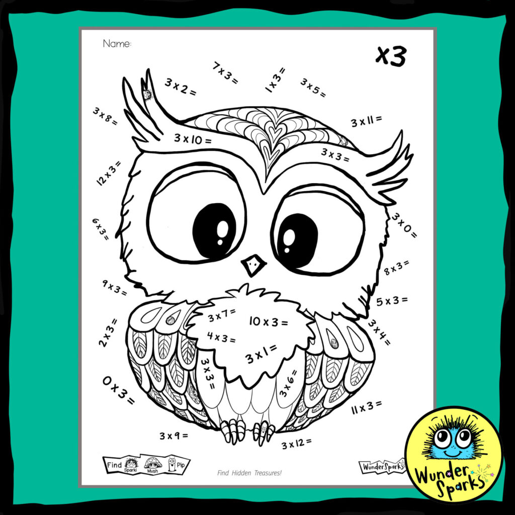 Owl 3x Multiplication Facts worksheet. 3x tables worksheet. 3 times tables. Coloring and I Spy.