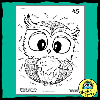 Owl 5x Multiplication Facts worksheet. 5x tables worksheet. 5 times tables. Coloring and I Spy.