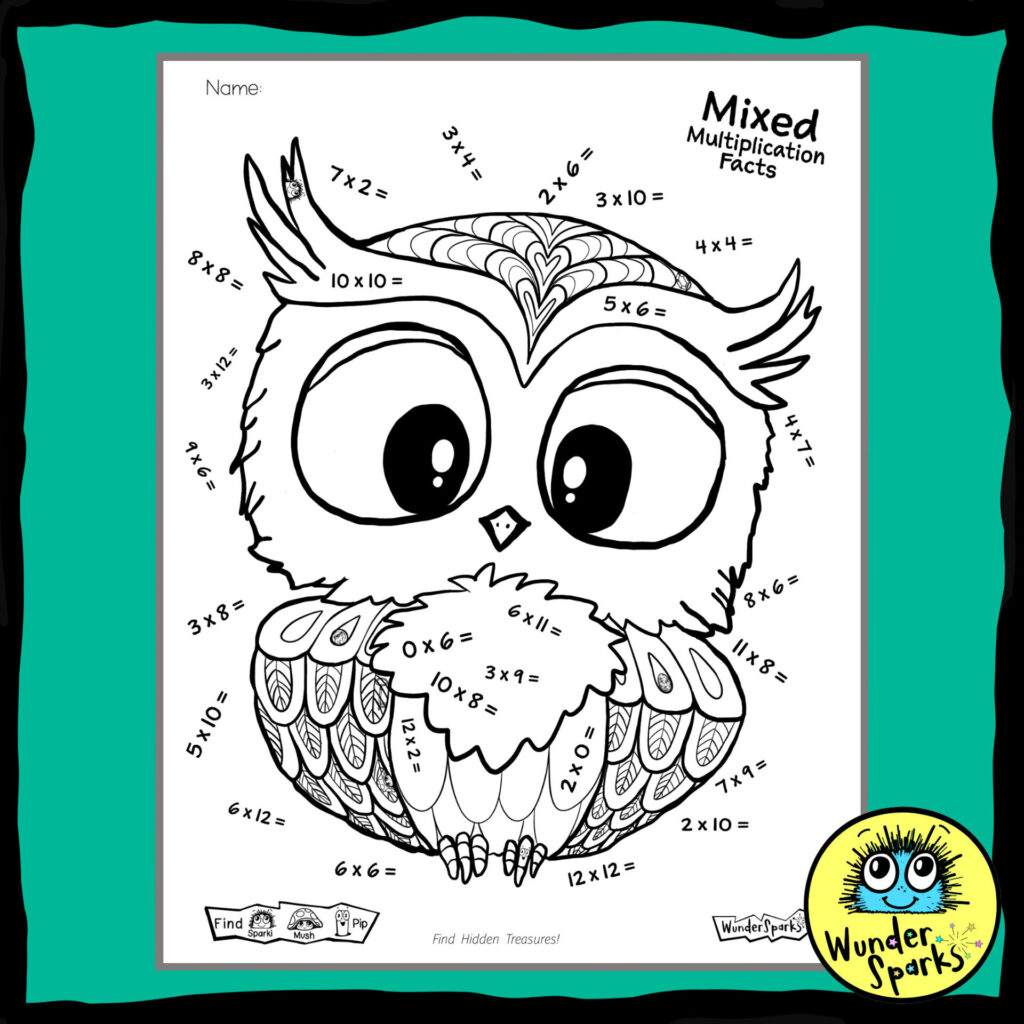 Owl Mixed Multiplication Facts worksheet. 2x to 12x tables. Mixed times tables worksheet. Coloring and I Spy.