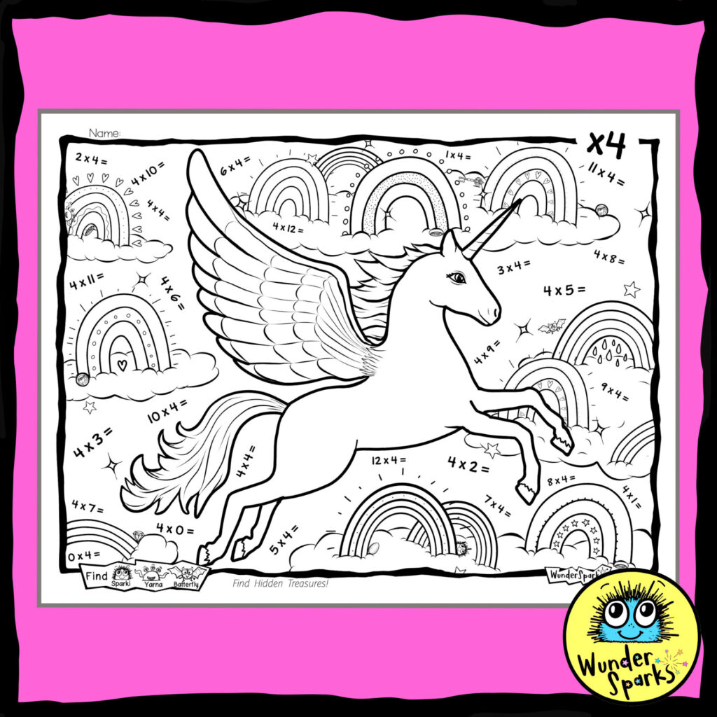 Pegasus Unicorn 4x Multiplication Facts Worksheet. 4x tables worksheet. Built in coloring and I Spy.