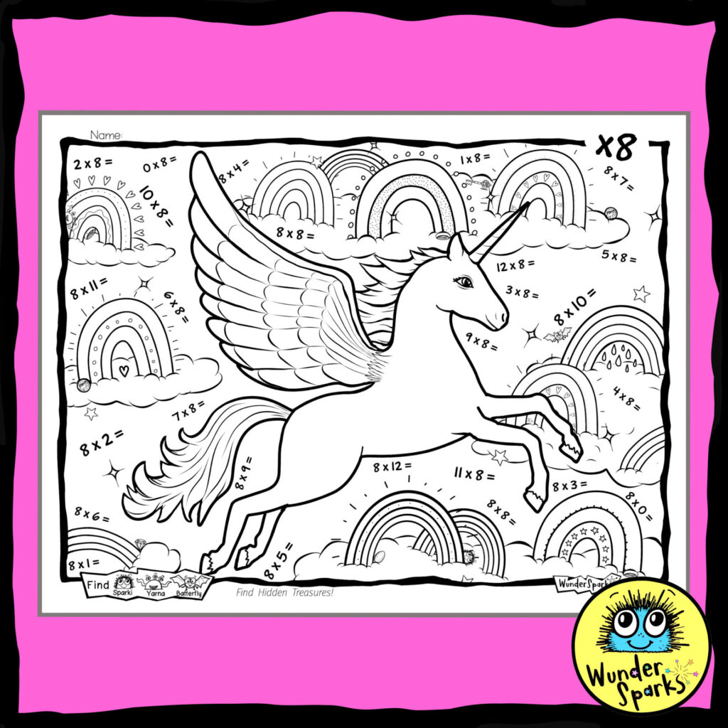 Pegasus Unicorn 8x Multiplication Facts Worksheet. 8x tables worksheet. 8 times tables. Coloring and I Spy.