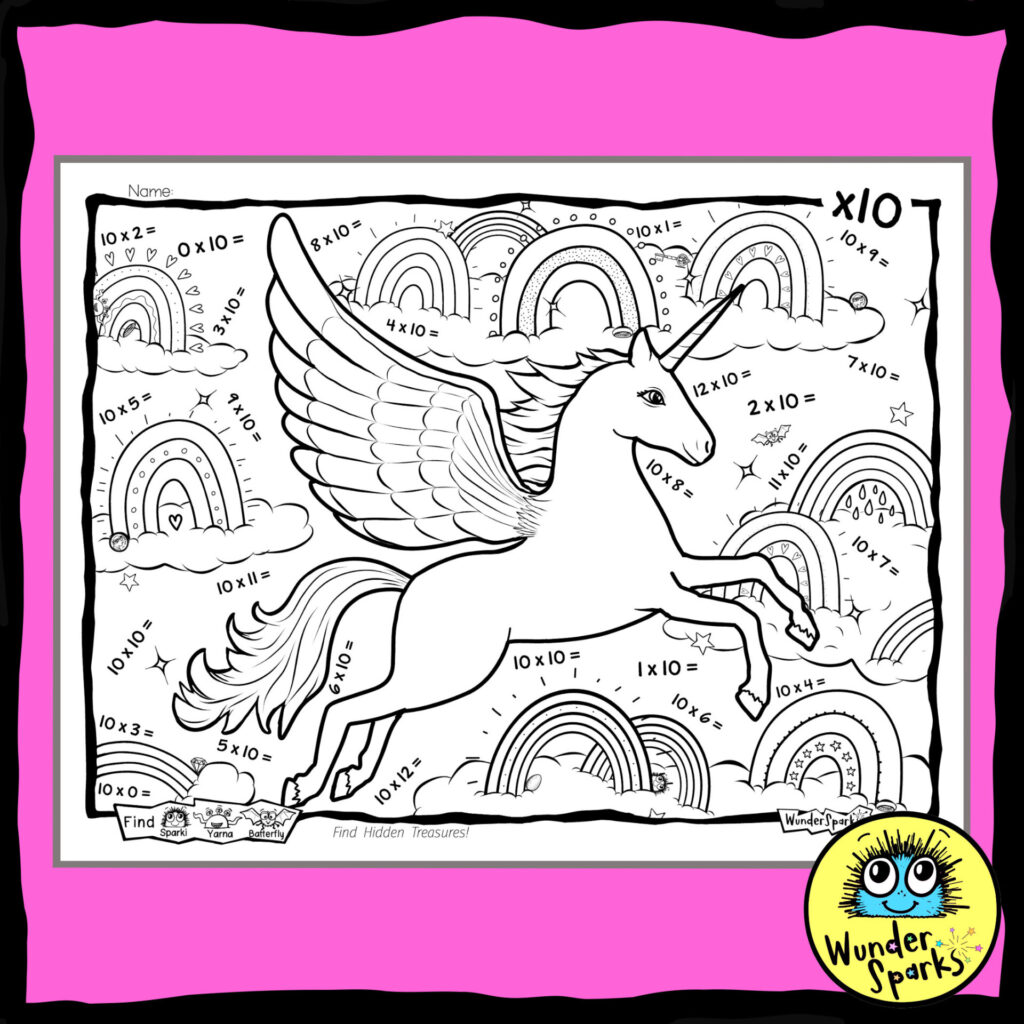 Pegasus Unicorn 10x Multiplication Facts Worksheet. 10x tables worksheet. 10 times tables. Coloring and I Spy.