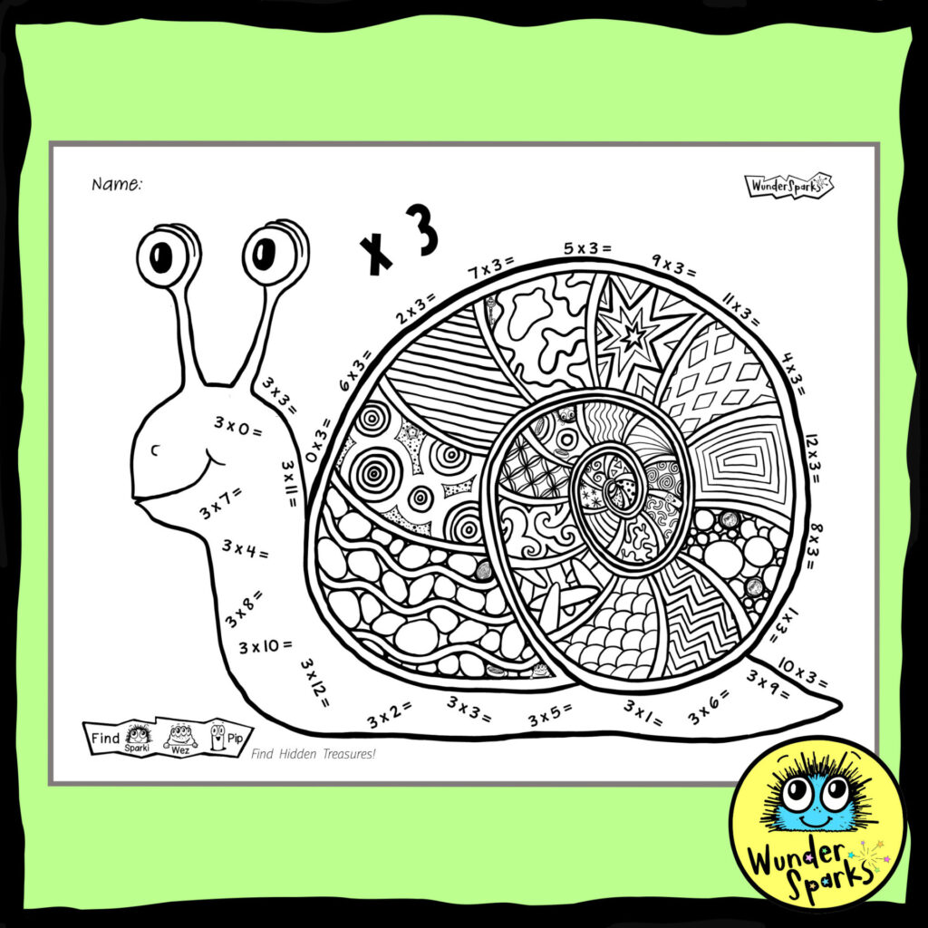 Snail 3x Multiplication Facts worksheet. 3x tables worksheet. 3 times tables. Coloring and I Spy.