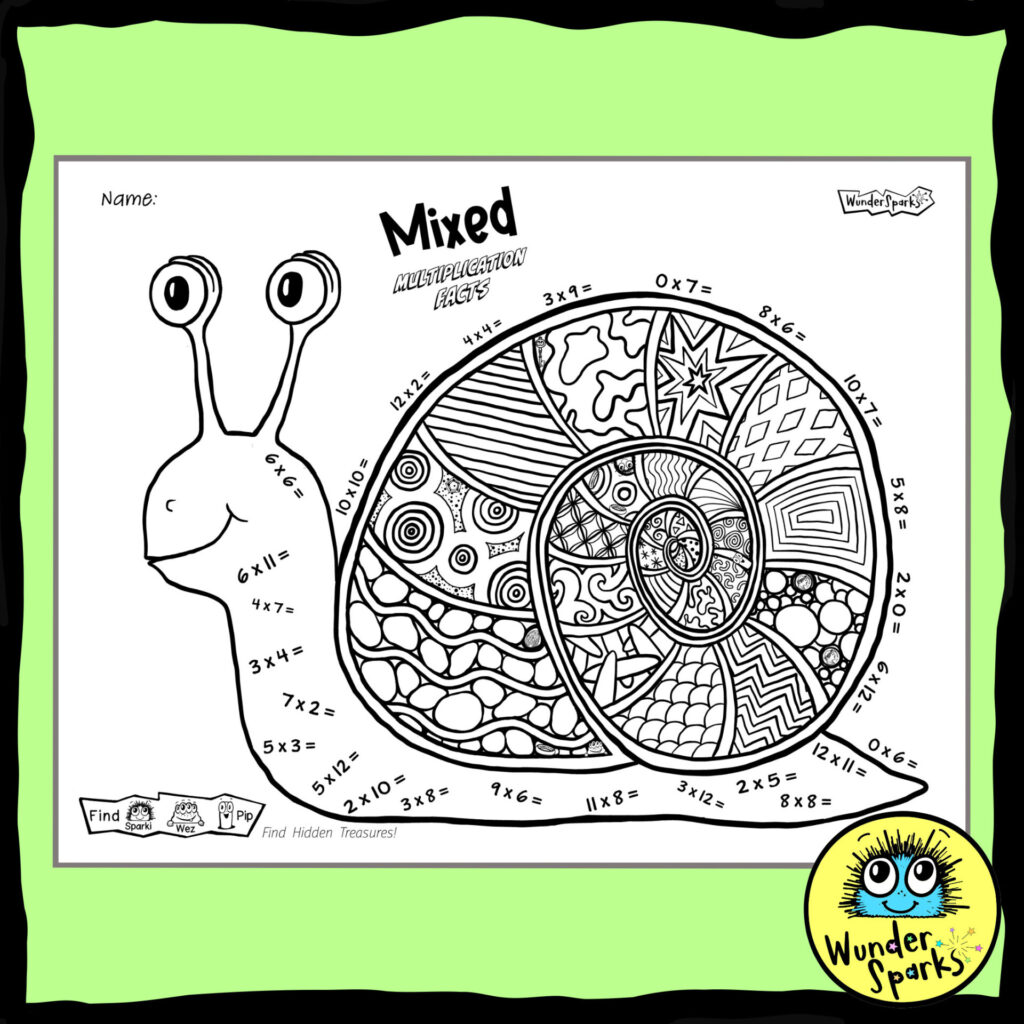 Snail Mixed Multiplication Facts worksheet. 2x to 12x tables. Mixed times tables worksheet. Coloring and I Spy.