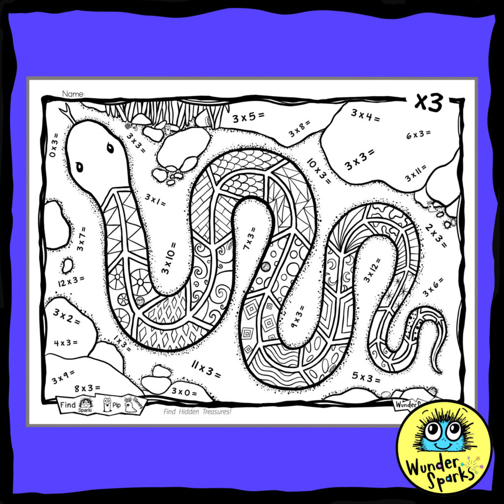 Snake 3x Multiplication Facts worksheet. 3x tables worksheet. 3 times tables. Coloring and I Spy.