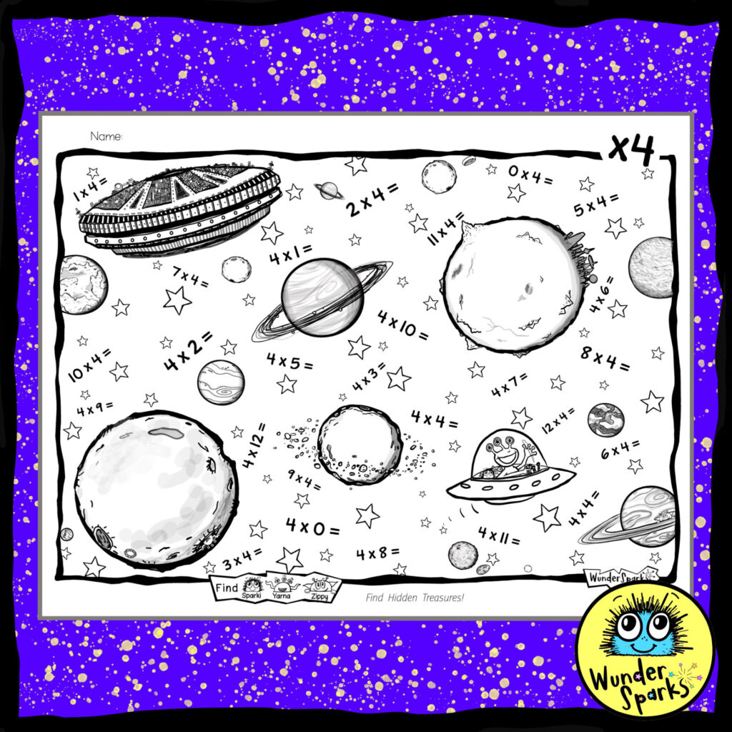 Space 4x Multiplication Facts Worksheet. 4x tables worksheet. 4 times tables. Built in coloring and I Spy.