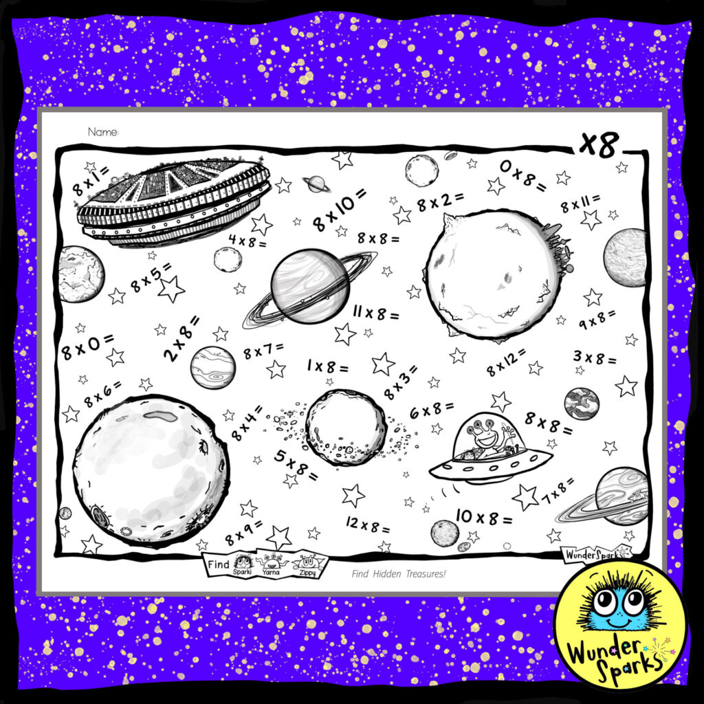 Space 8x Multiplication Facts Worksheet. 8x tables worksheet. 8 times tables. Coloring and I Spy.