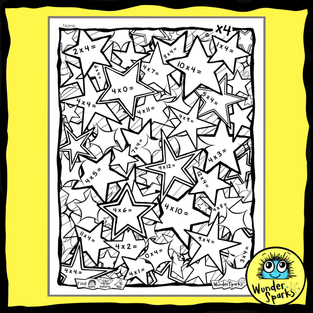 Stars 4x Multiplication Facts Worksheet. 4x tables worksheet. 4 times tables. Built in coloring and I Spy.