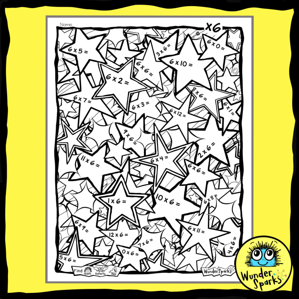 Stars 6x Multiplication Facts worksheet. 6x tables worksheet. 6 times tables. Coloring and I Spy.