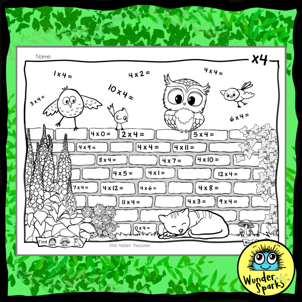 Garden Friends 4x Multiplication Facts Worksheet. 4x tables worksheet. Built in coloring and I Spy.