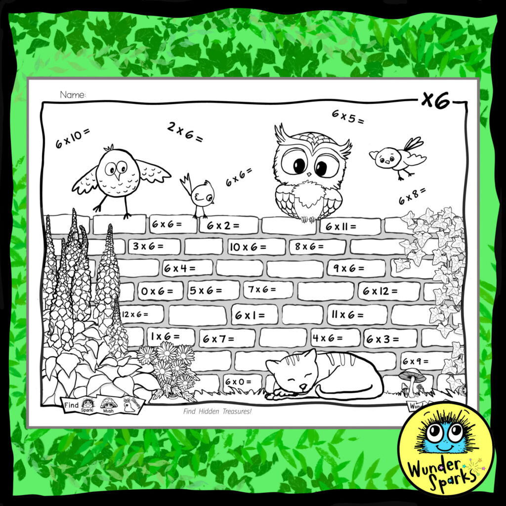 Garden Friends 6x Multiplication Facts worksheet. 6x tables worksheet. 6 times tables. Coloring and I Spy.