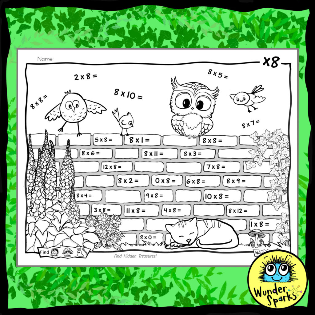 Garden Friends 8x Multiplication Facts Worksheet. 8x tables worksheet. 8 times tables. Coloring and I Spy.