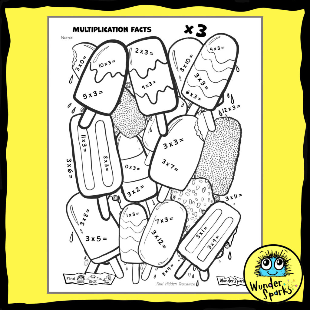 Popsicles 3x Multiplication Facts worksheet. 3x tables worksheet. 3 times tables. Coloring and I Spy.